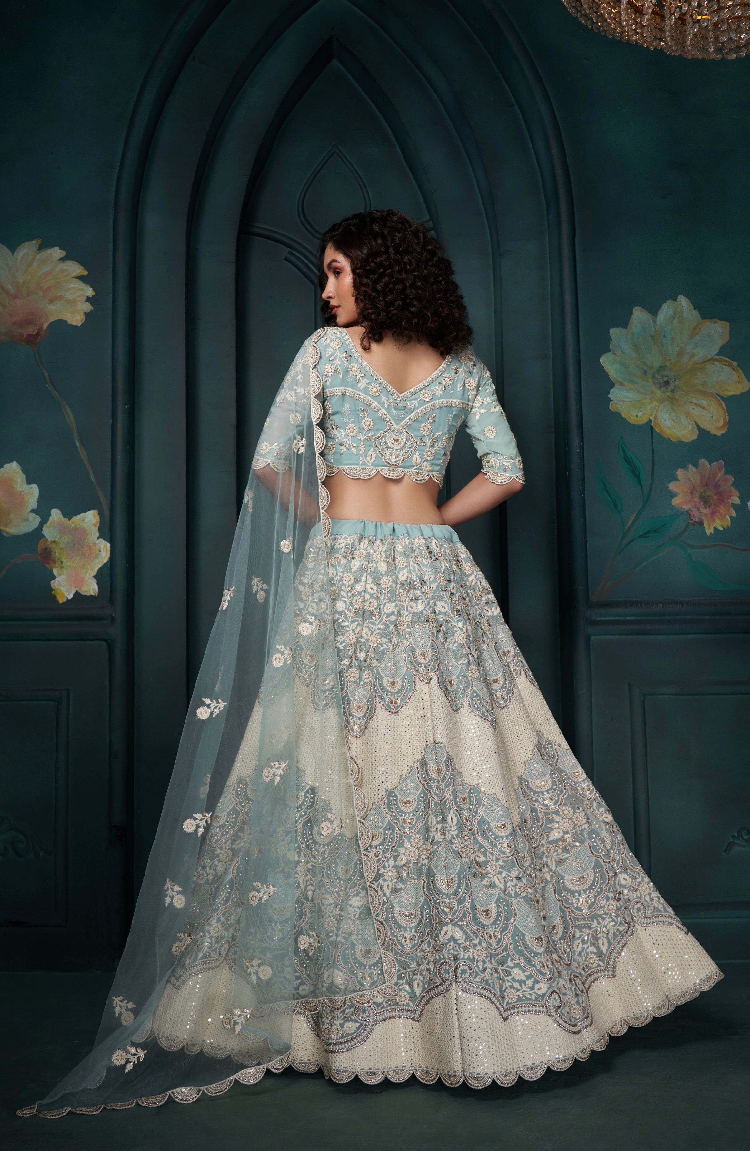 Firozi Georgette Lehenga with Heavy Embroidery, Sequins &amp; Cording Work