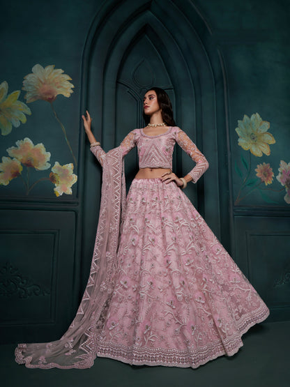 Dusty Pink Net Lehenga with Embroidery, Sequins &amp; Cording Work