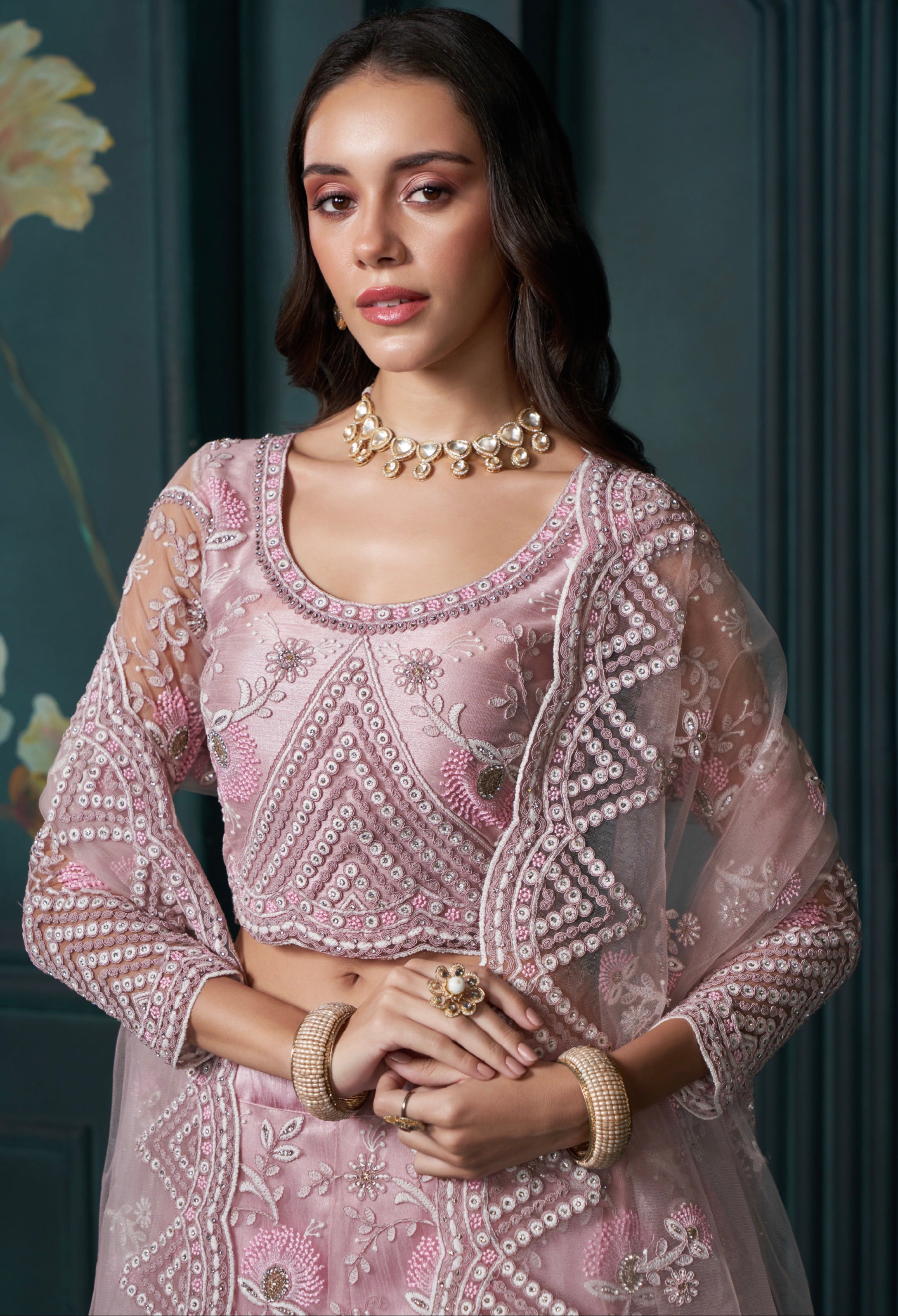 Dusty Pink Net Lehenga with Embroidery, Sequins &amp; Cording Work