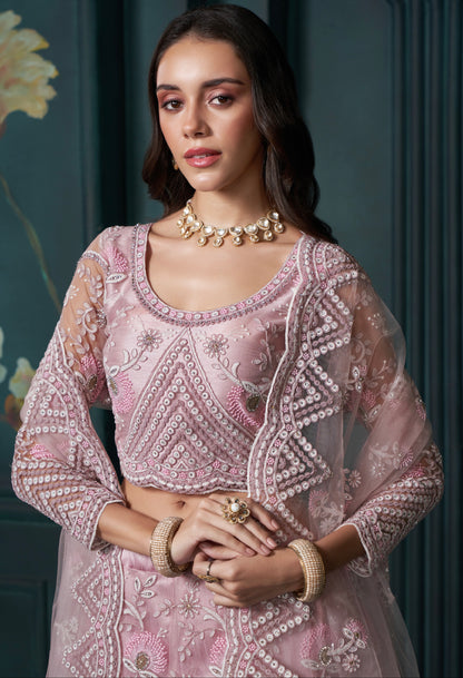 Dusty Pink Net Lehenga with Embroidery, Sequins &amp; Cording Work