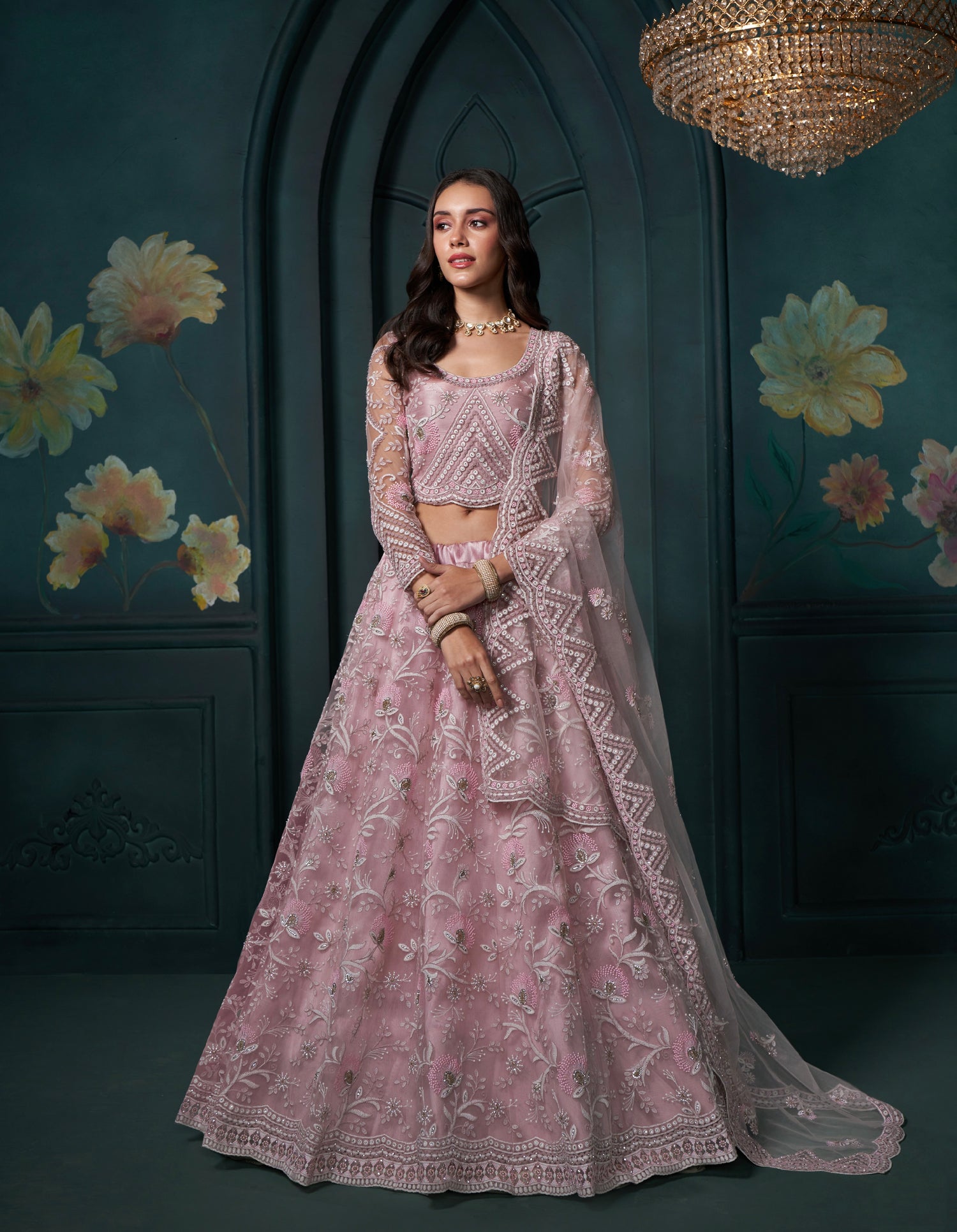 Dusty Pink Net Lehenga with Embroidery, Sequins &amp; Cording Work