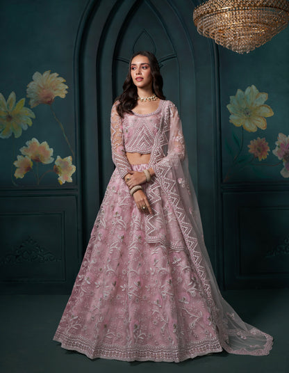 Dusty Pink Net Lehenga with Embroidery, Sequins &amp; Cording Work
