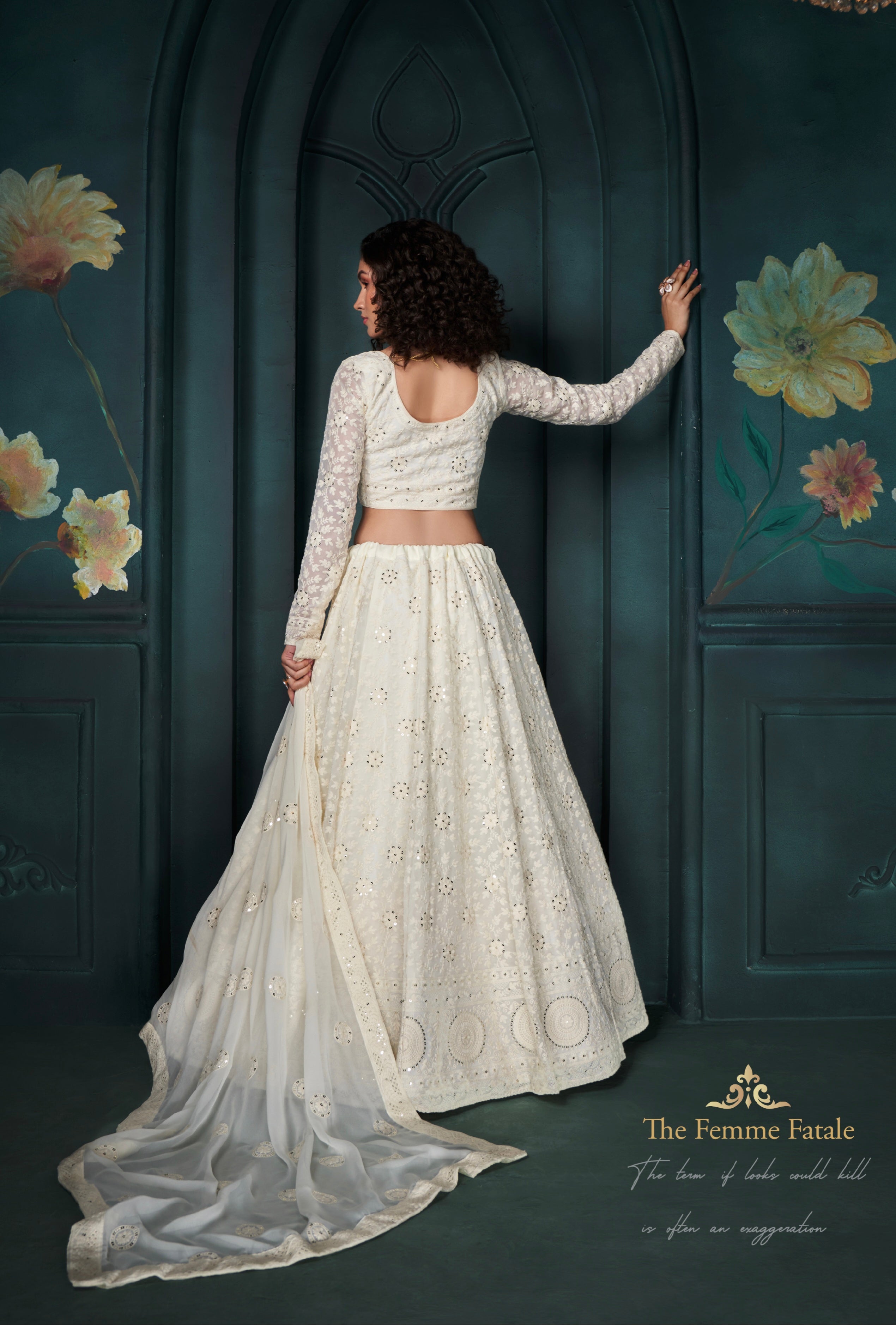 Off-White Georgette Lehenga with Thread, Sequins &amp; Cording Embroidery