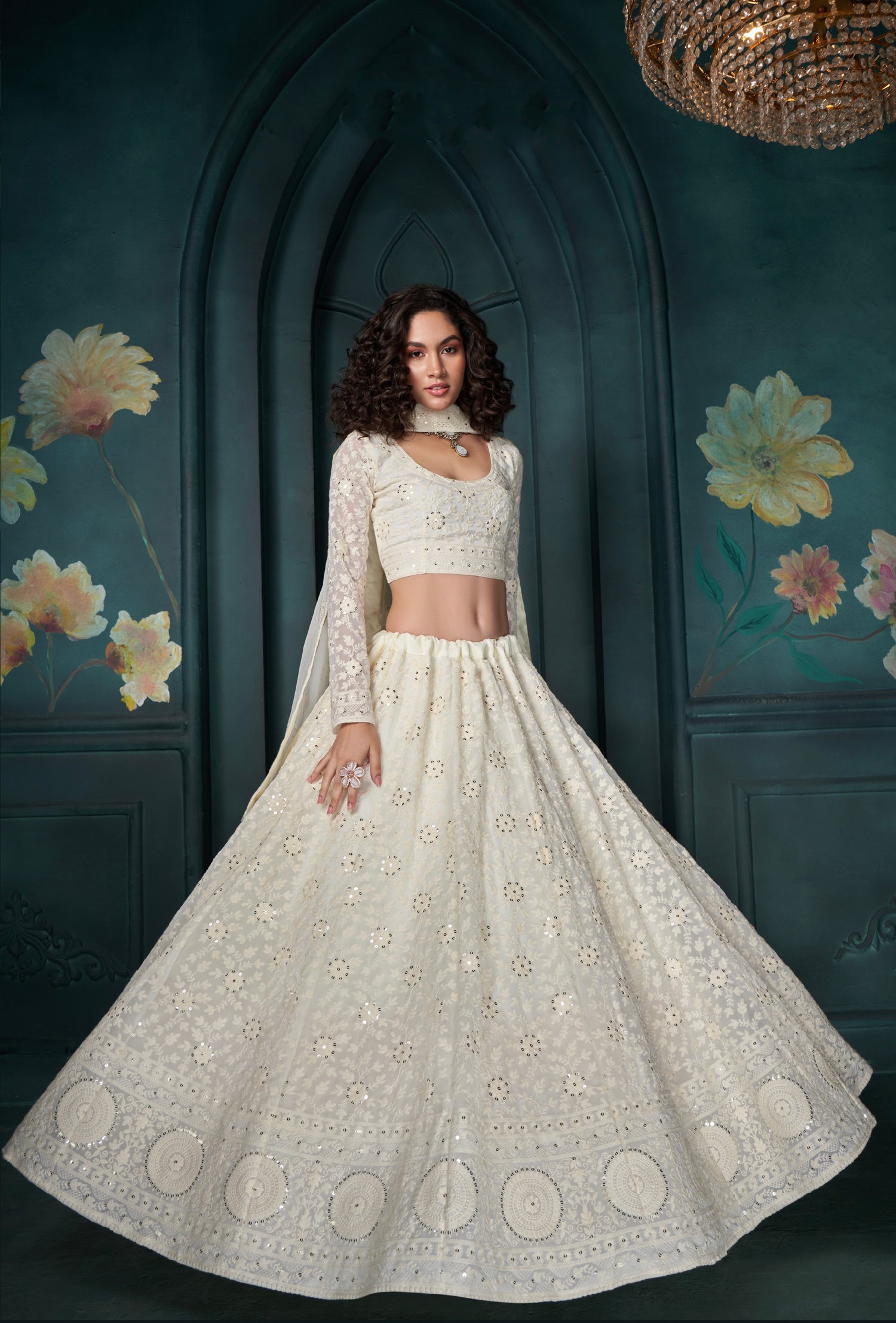 Off-White Georgette Lehenga with Thread, Sequins &amp; Cording Embroidery