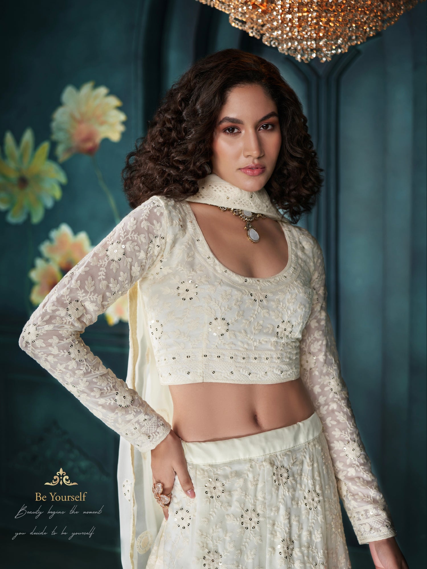 Off-White Georgette Lehenga with Thread, Sequins &amp; Cording Embroidery