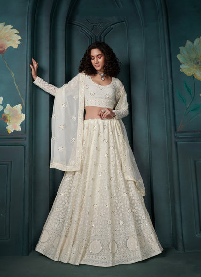 Off-White Georgette Lehenga with Thread, Sequins &amp; Cording Embroidery