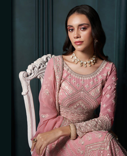 Pink Georgette Lehenga with Heavy Thread, Sequins &amp; Cording Work