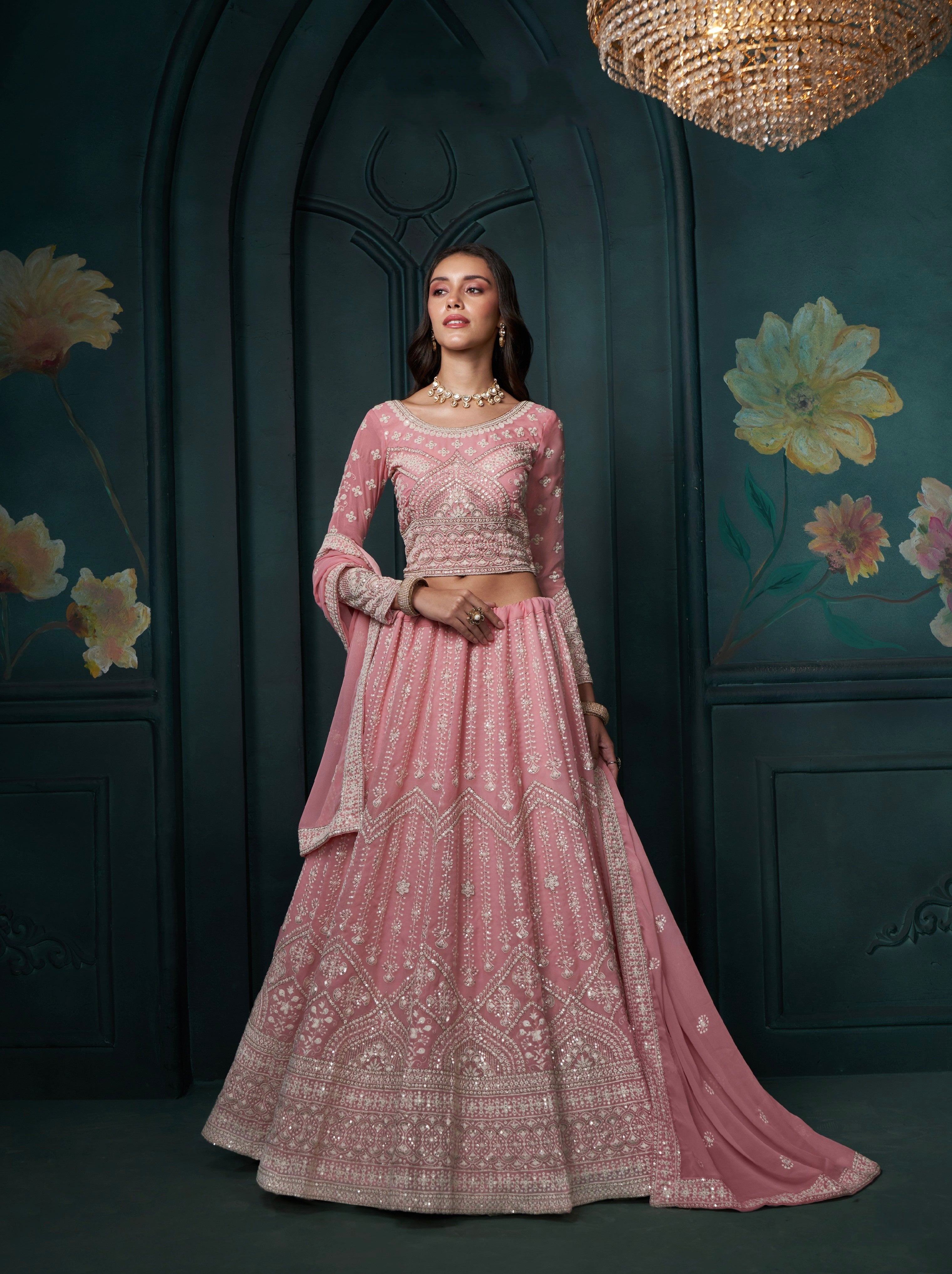 Pink Georgette Lehenga with Heavy Thread, Sequins &amp; Cording Work