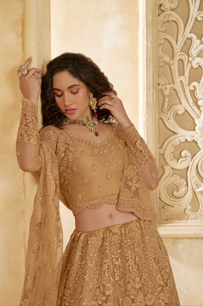 Golden Lehenga Choli with Intricate Stone &amp; Thread Embroidery
