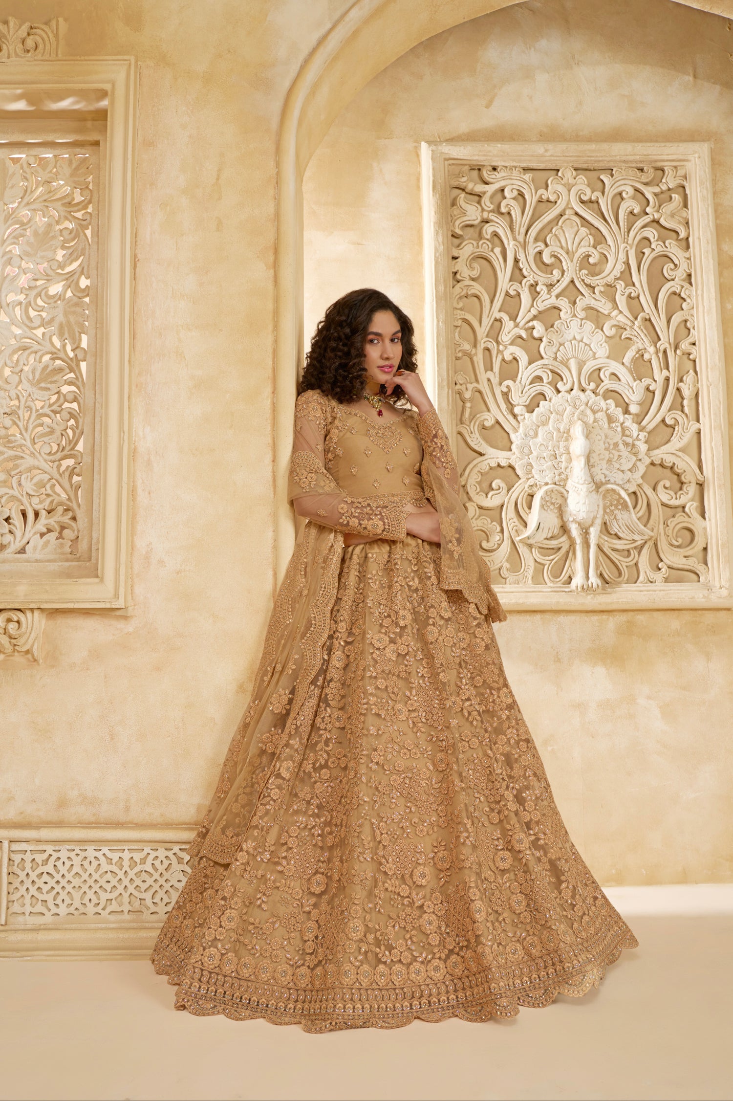 Golden Lehenga Choli with Intricate Stone &amp; Thread Embroidery