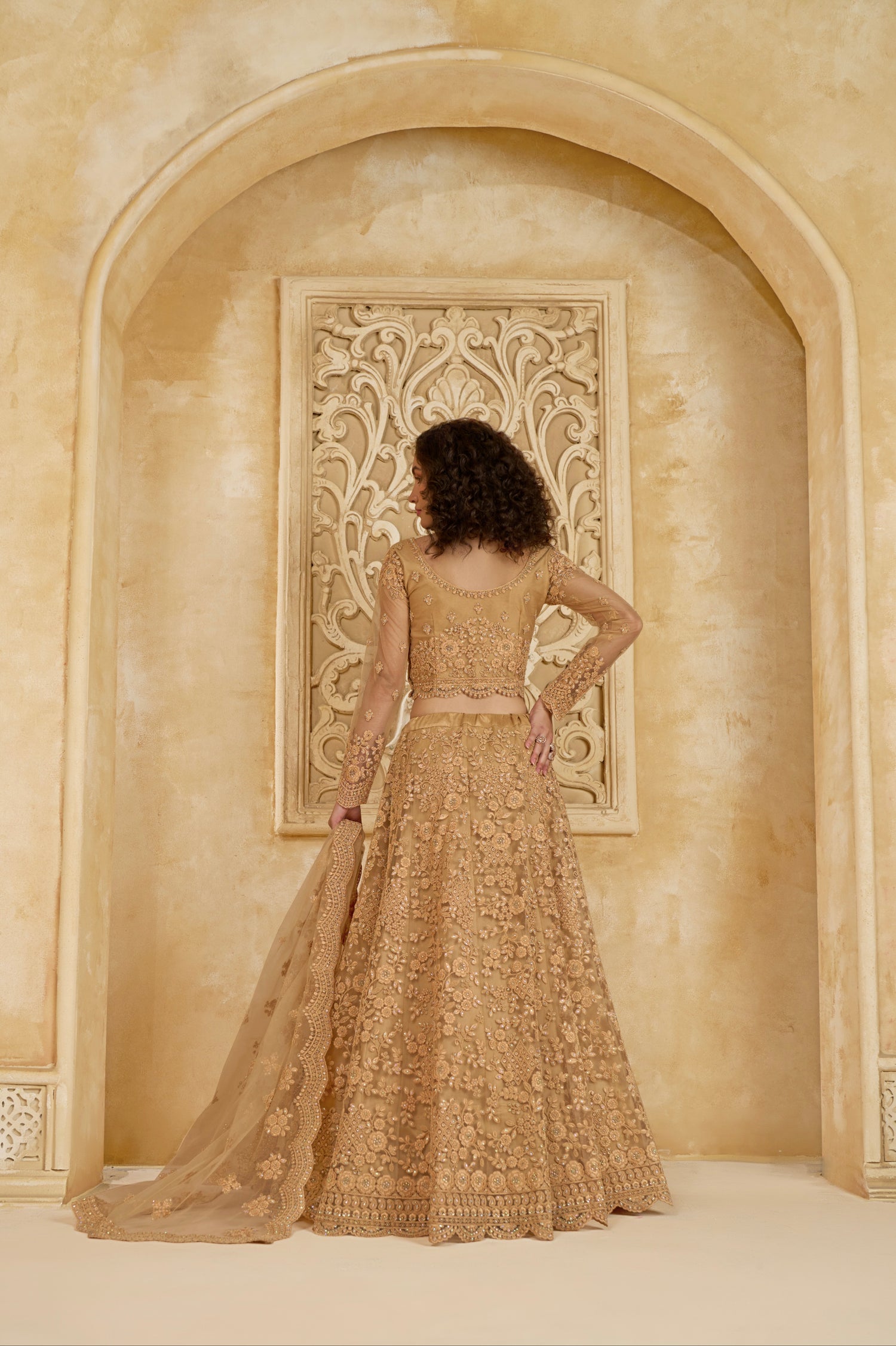 Golden Lehenga Choli with Intricate Stone &amp; Thread Embroidery