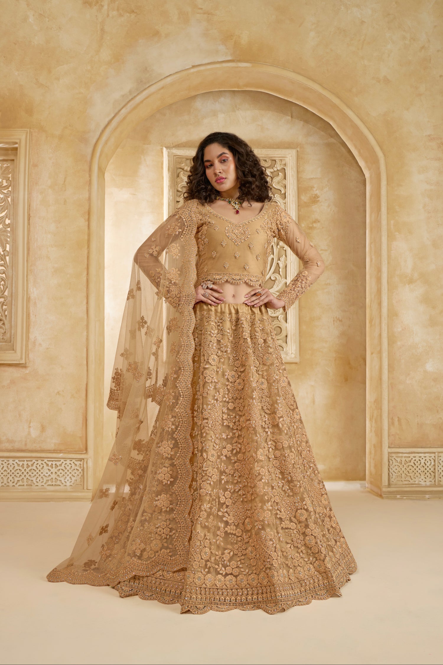 Golden Lehenga Choli with Intricate Stone &amp; Thread Embroidery