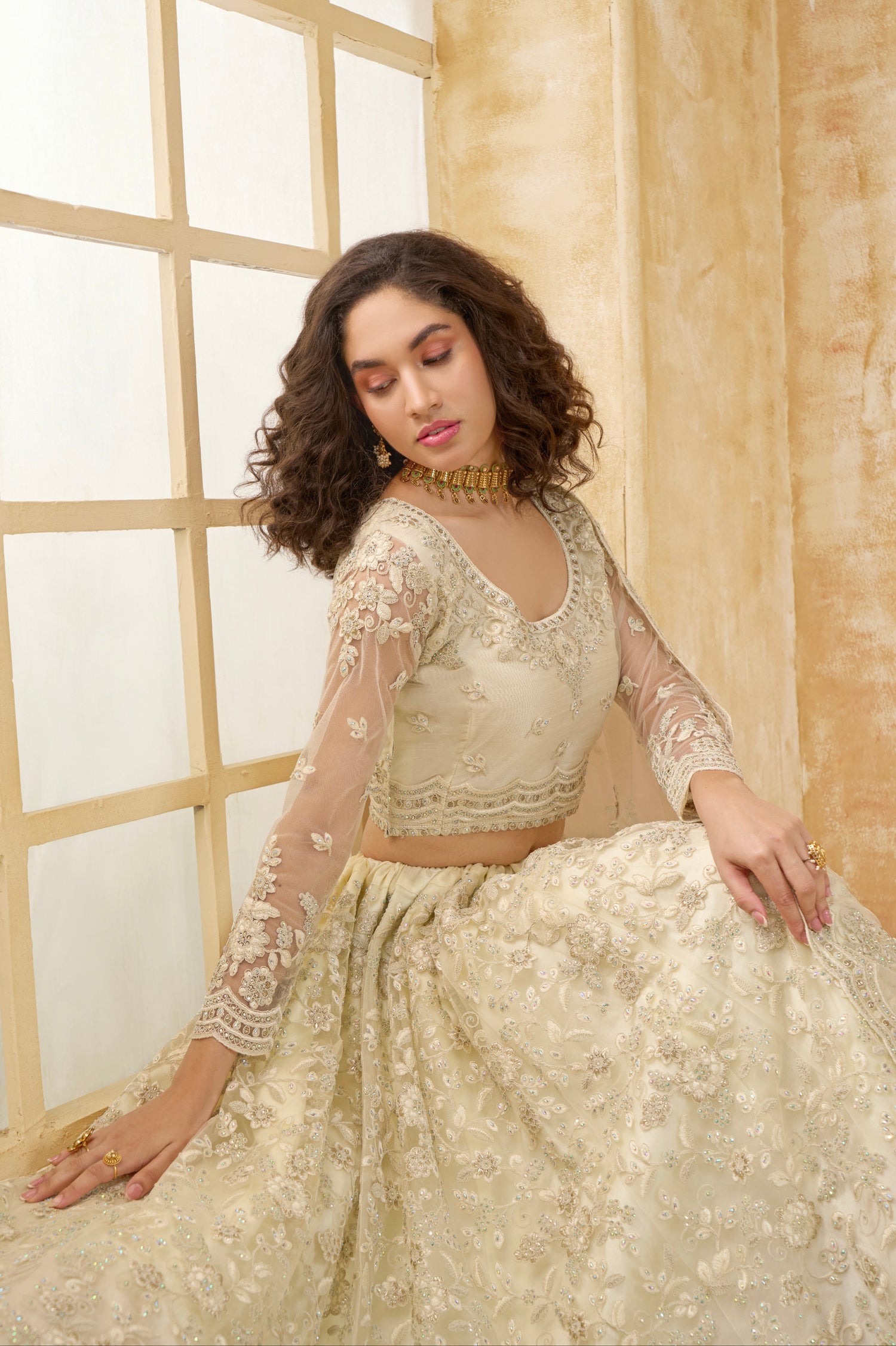 Ivory Bridal Lehenga Choli with Stone Embroidery &amp; Structured Flair