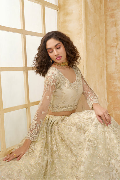 Ivory Bridal Lehenga Choli with Stone Embroidery &amp; Structured Flair