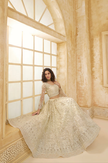 Ivory Bridal Lehenga Choli with Stone Embroidery &amp; Structured Flair