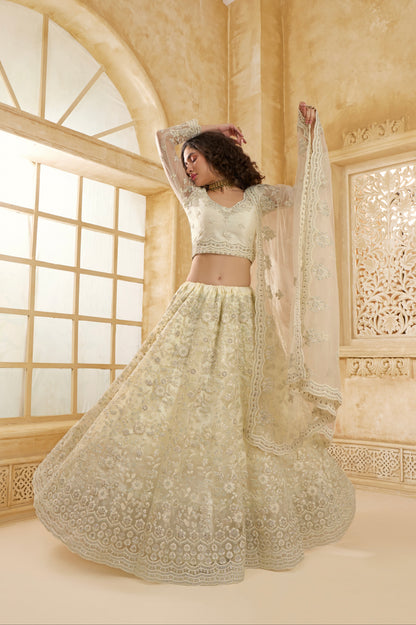 Ivory Bridal Lehenga Choli with Stone Embroidery &amp; Structured Flair