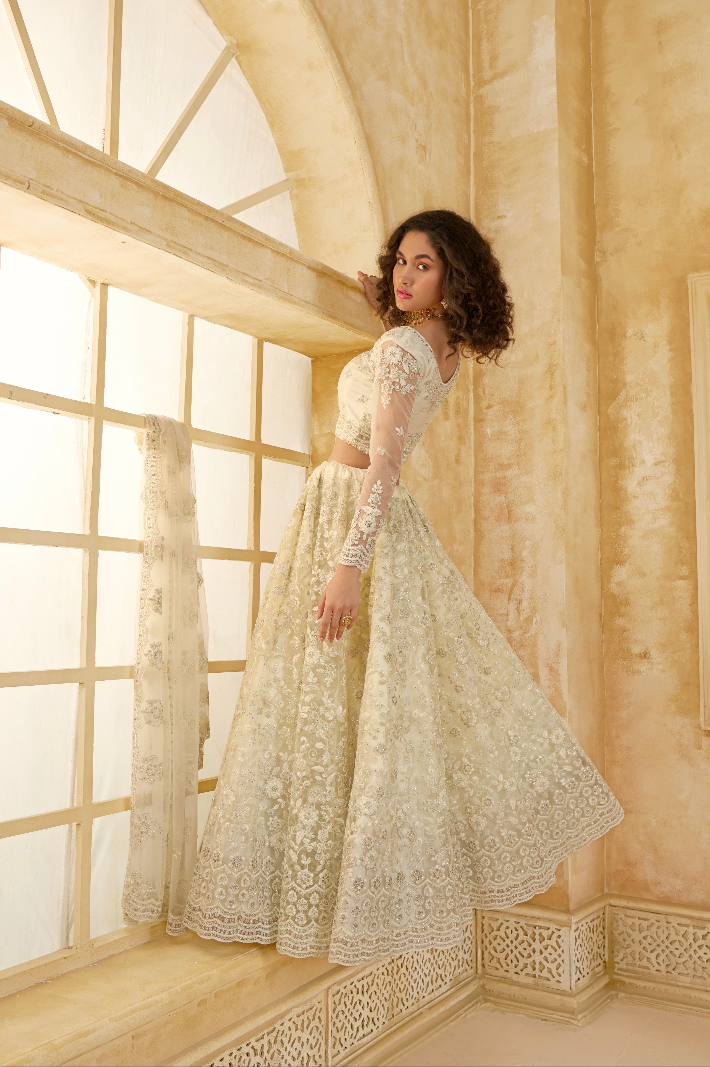 Ivory Bridal Lehenga Choli with Stone Embroidery &amp; Structured Flair