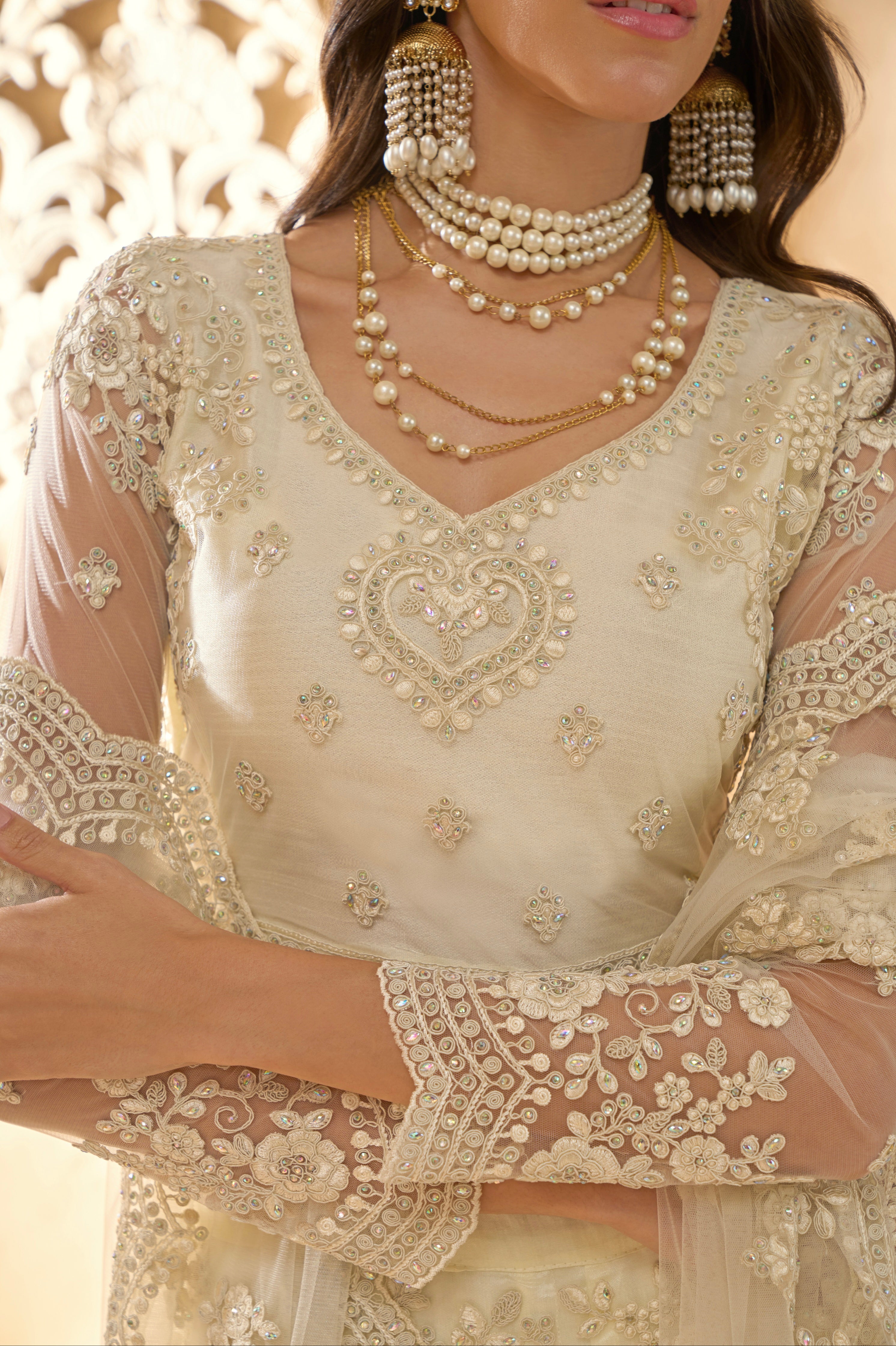 Ivory Bridal Lehenga Choli with Stone Embroidery &amp; Structured Flair