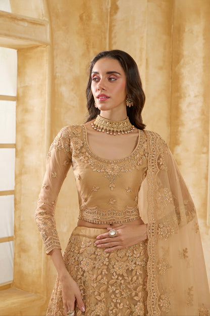 Golden Net Lehenga Choli with Thread Embroidery &amp; Glittering Stones