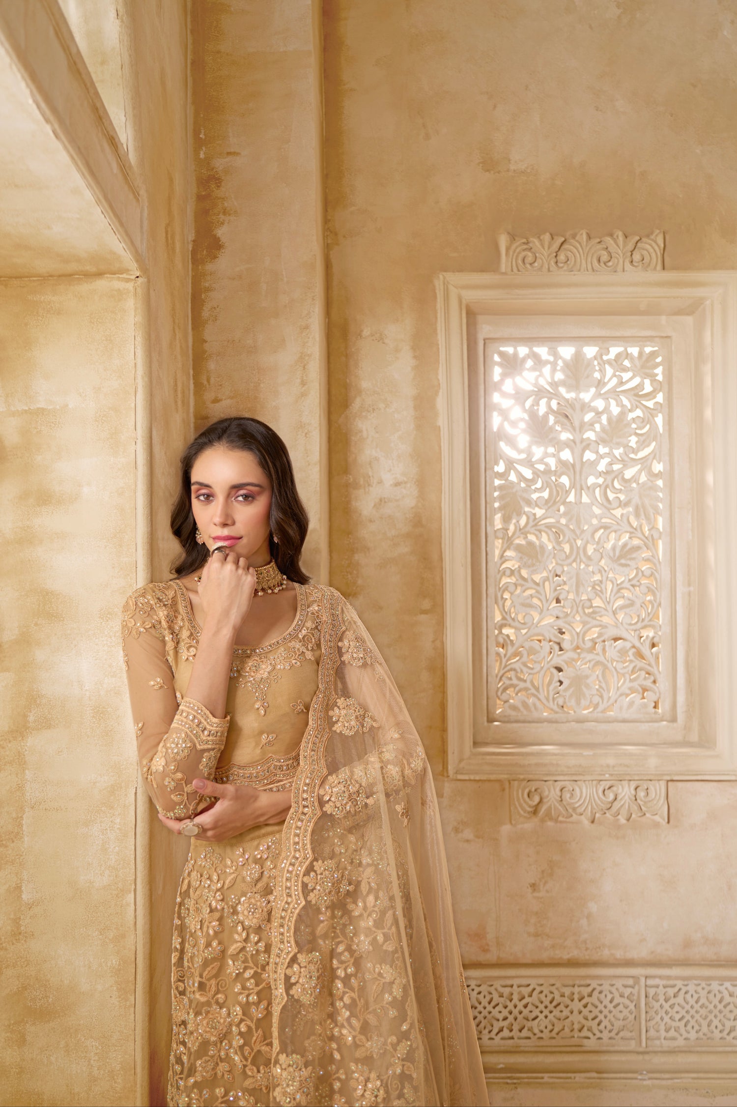 Golden Net Lehenga Choli with Thread Embroidery &amp; Glittering Stones