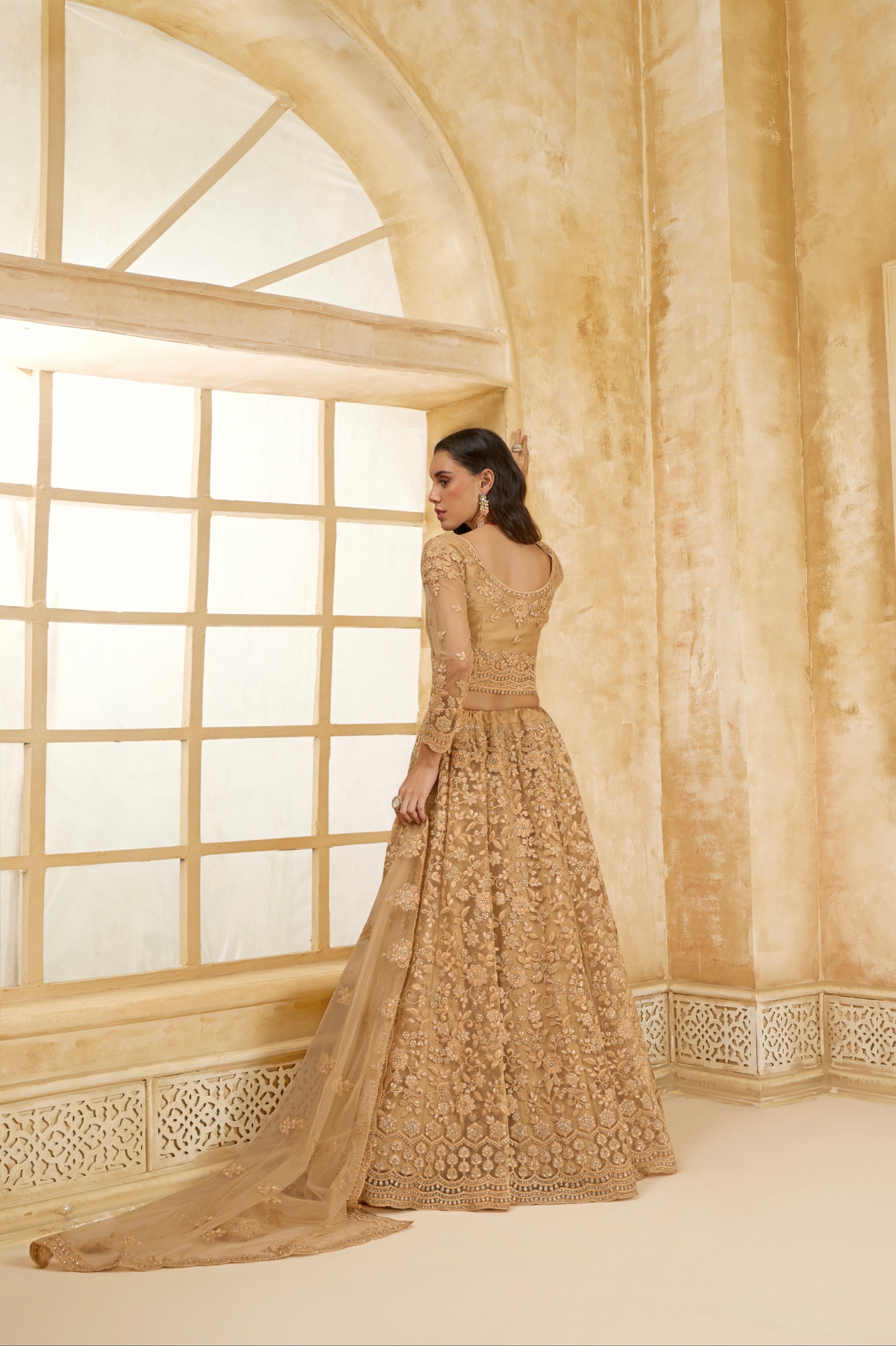 Golden Net Lehenga Choli with Thread Embroidery &amp; Glittering Stones