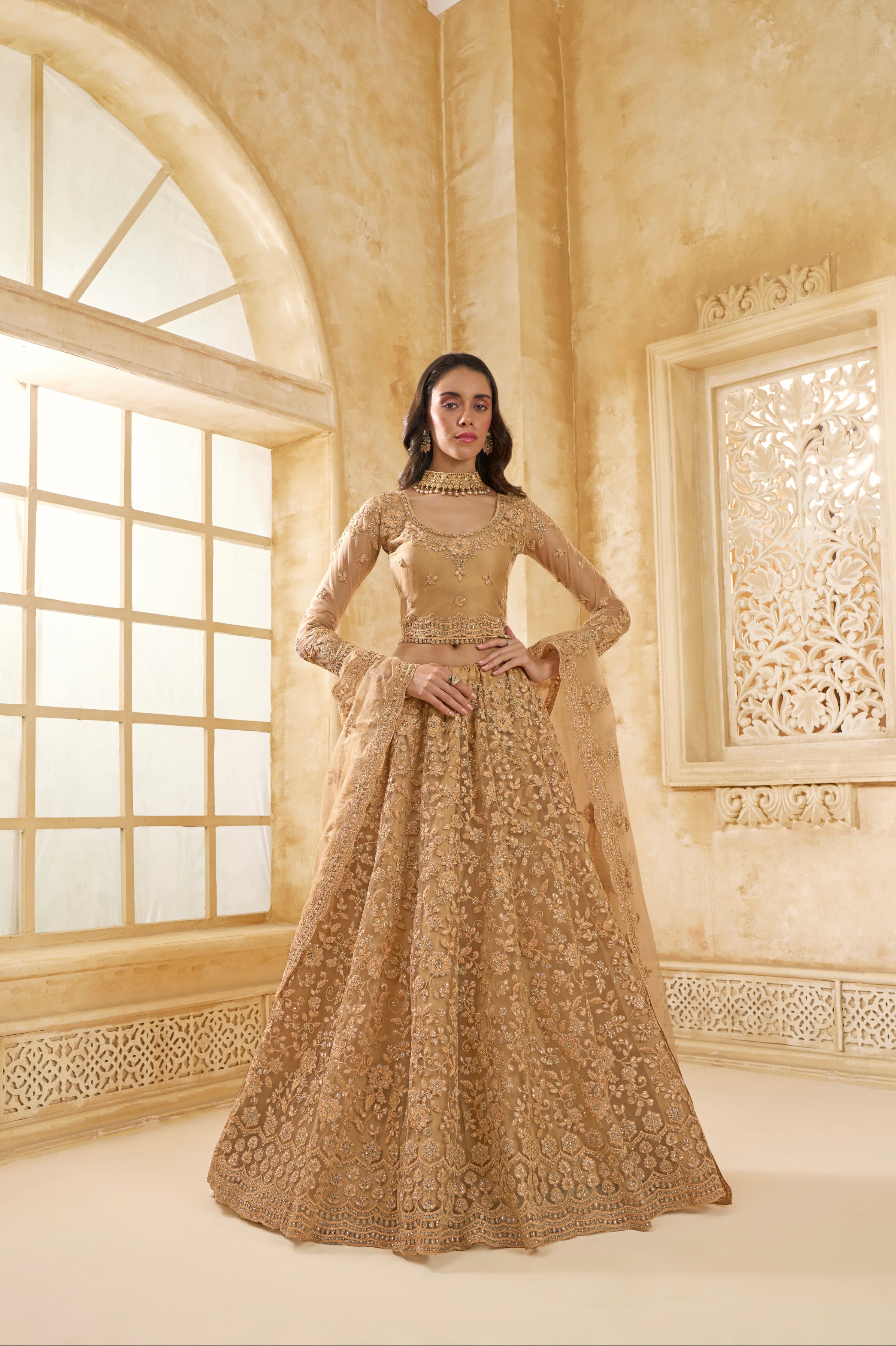Golden Net Lehenga Choli with Thread Embroidery &amp; Glittering Stones