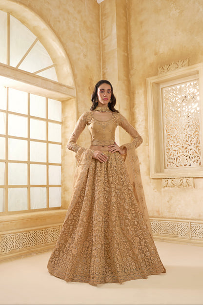 Golden Net Lehenga Choli with Thread Embroidery &amp; Glittering Stones