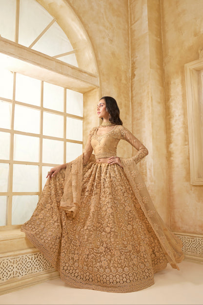 Golden Net Lehenga Choli with Thread Embroidery &amp; Glittering Stones