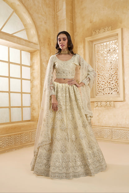 Ivory Net Embroidered Lehenga with Stone &amp; Cording Work