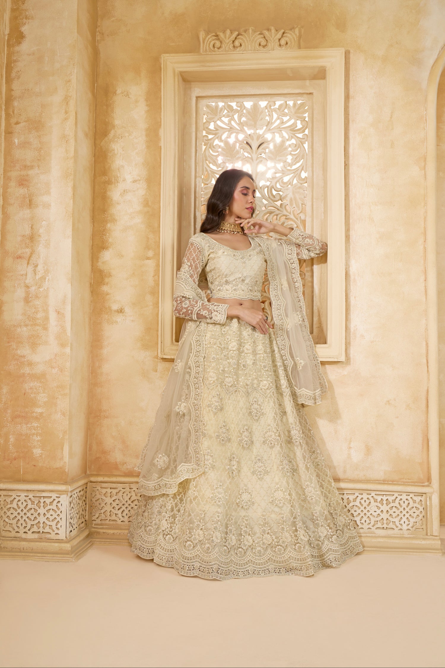 Ivory Net Embroidered Lehenga with Stone &amp; Cording Work