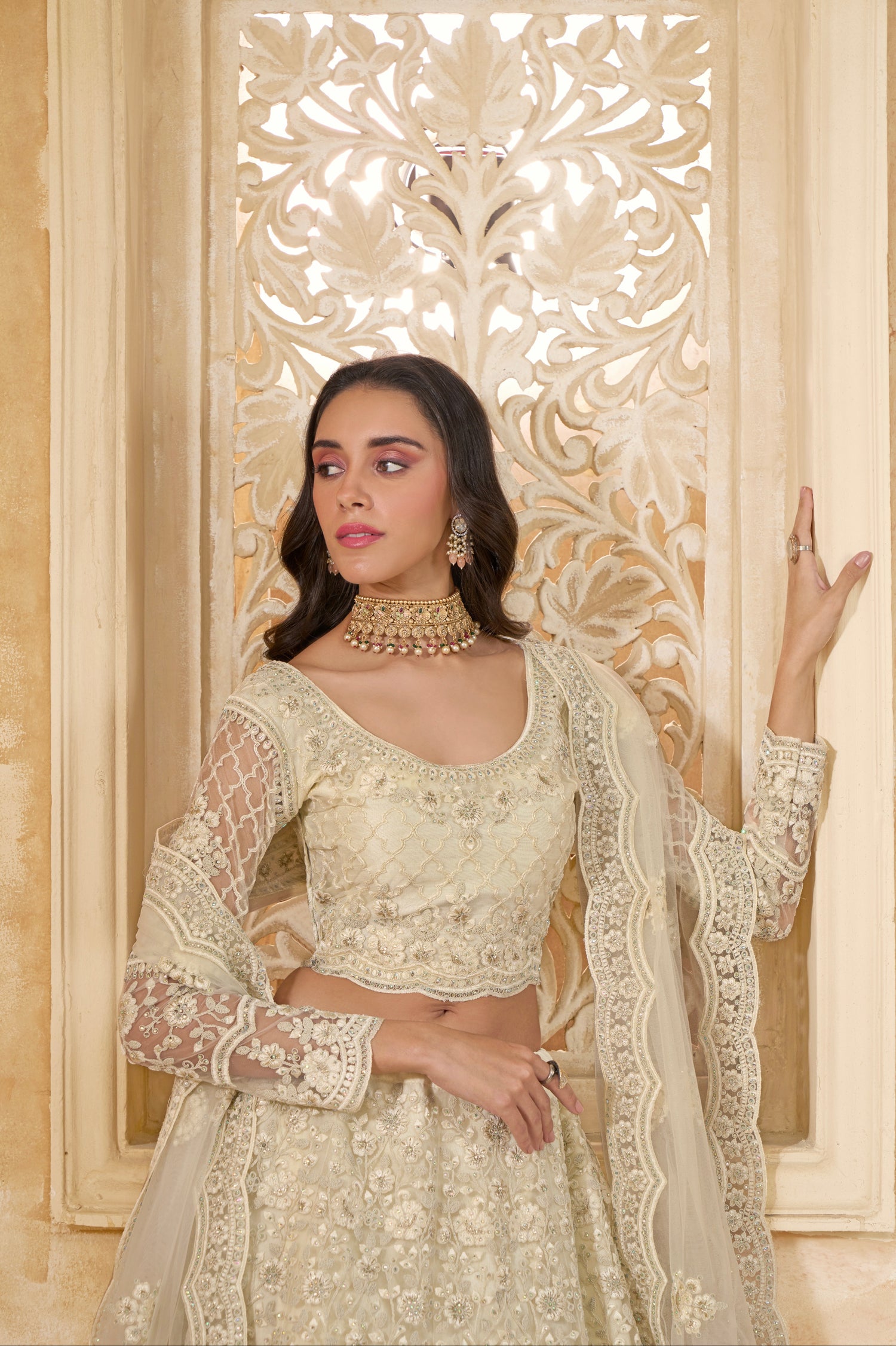 Ivory Net Embroidered Lehenga with Stone &amp; Cording Work