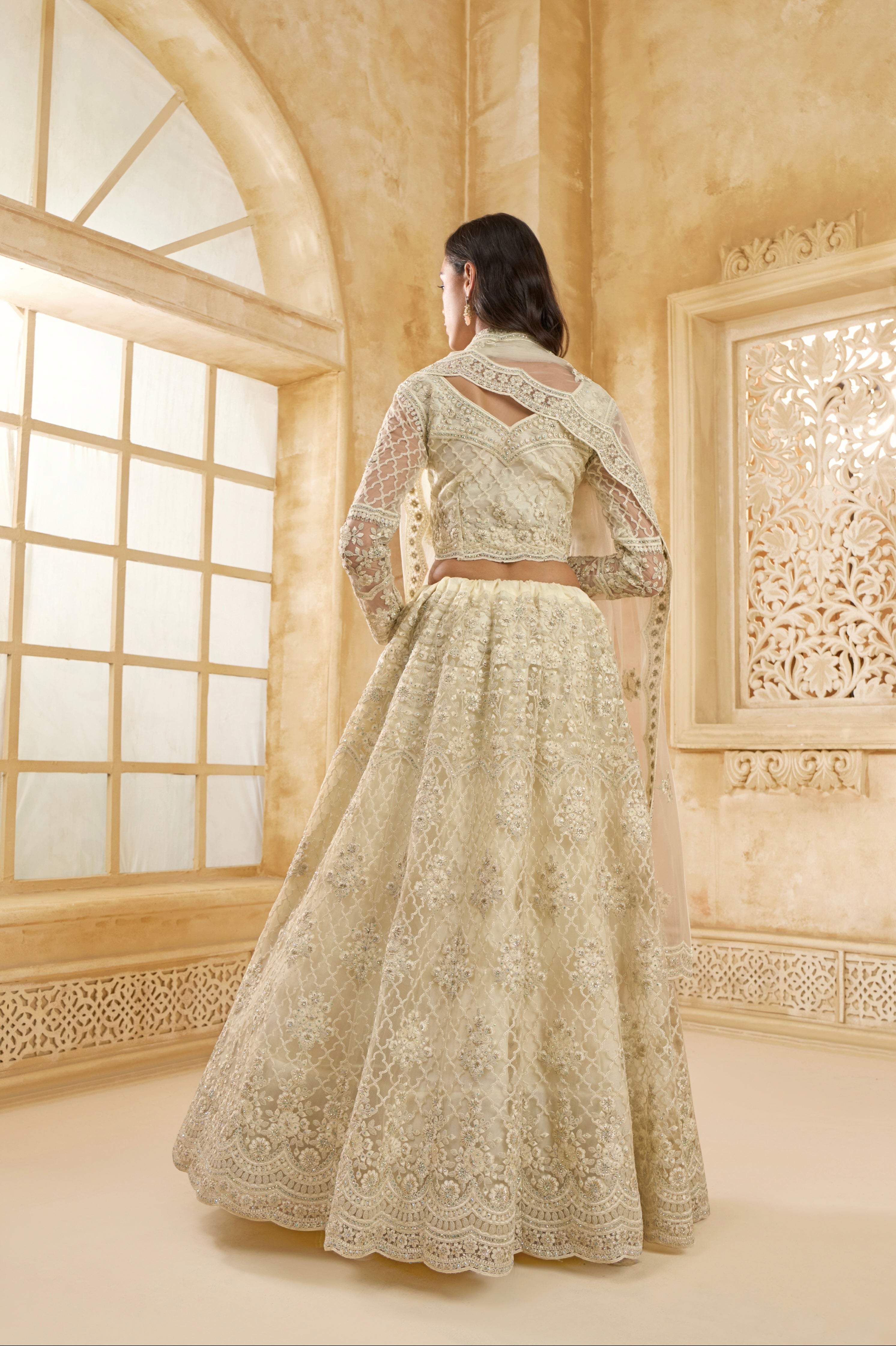 Ivory Net Embroidered Lehenga with Stone &amp; Cording Work