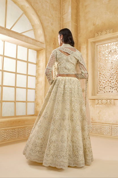 Ivory Net Embroidered Lehenga with Stone &amp; Cording Work