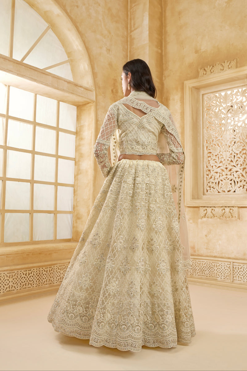 Ivory Net Embroidered Lehenga with Stone & Cording Work