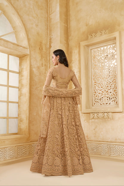Golden Embellished Lehenga Choli with Intricate Threadwork &amp; Stones