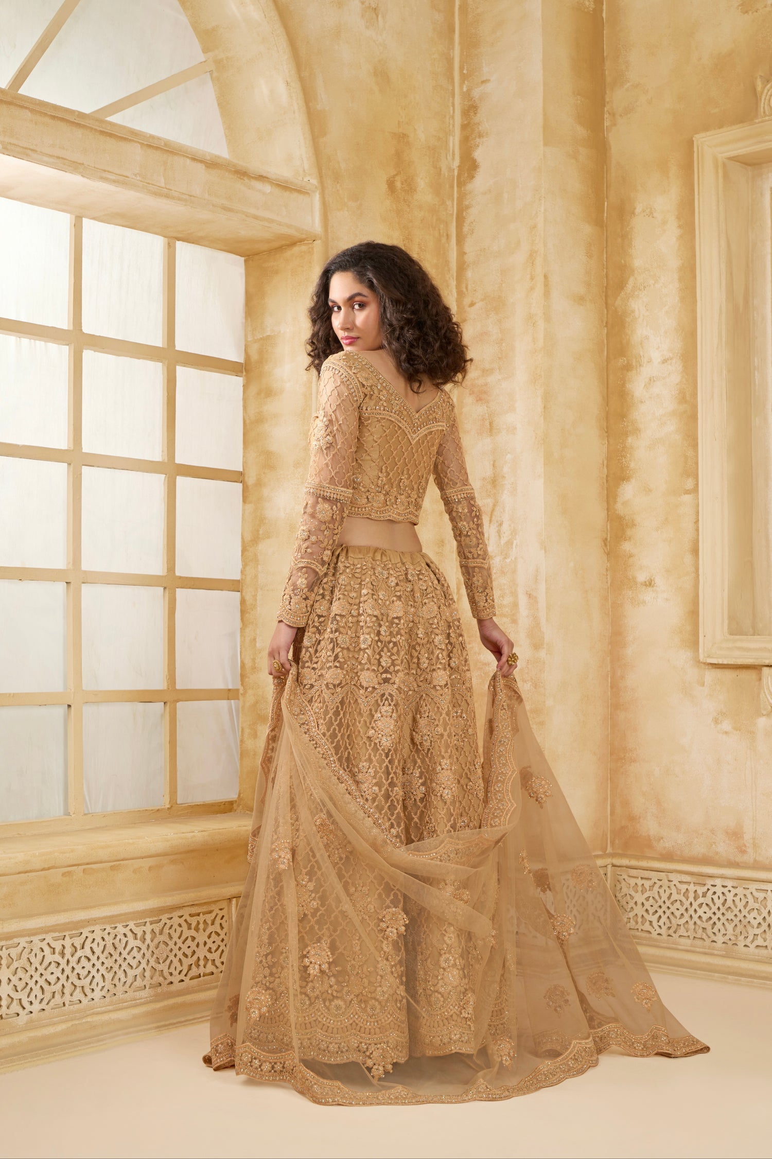Golden Embroidered Lehenga Choli with Stone &amp; Thread work
