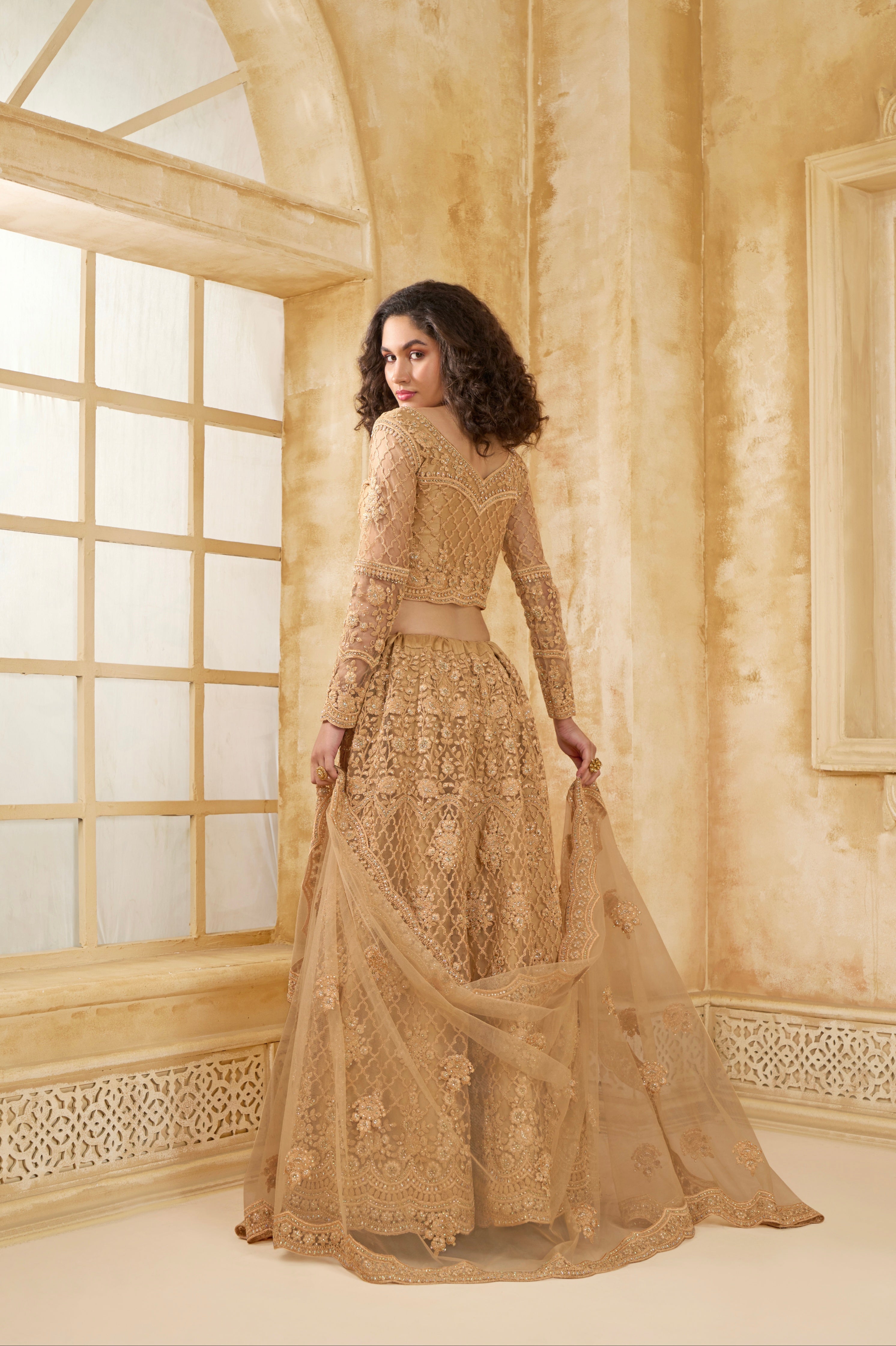 Golden Embroidered Lehenga Choli with Stone &amp; Thread work