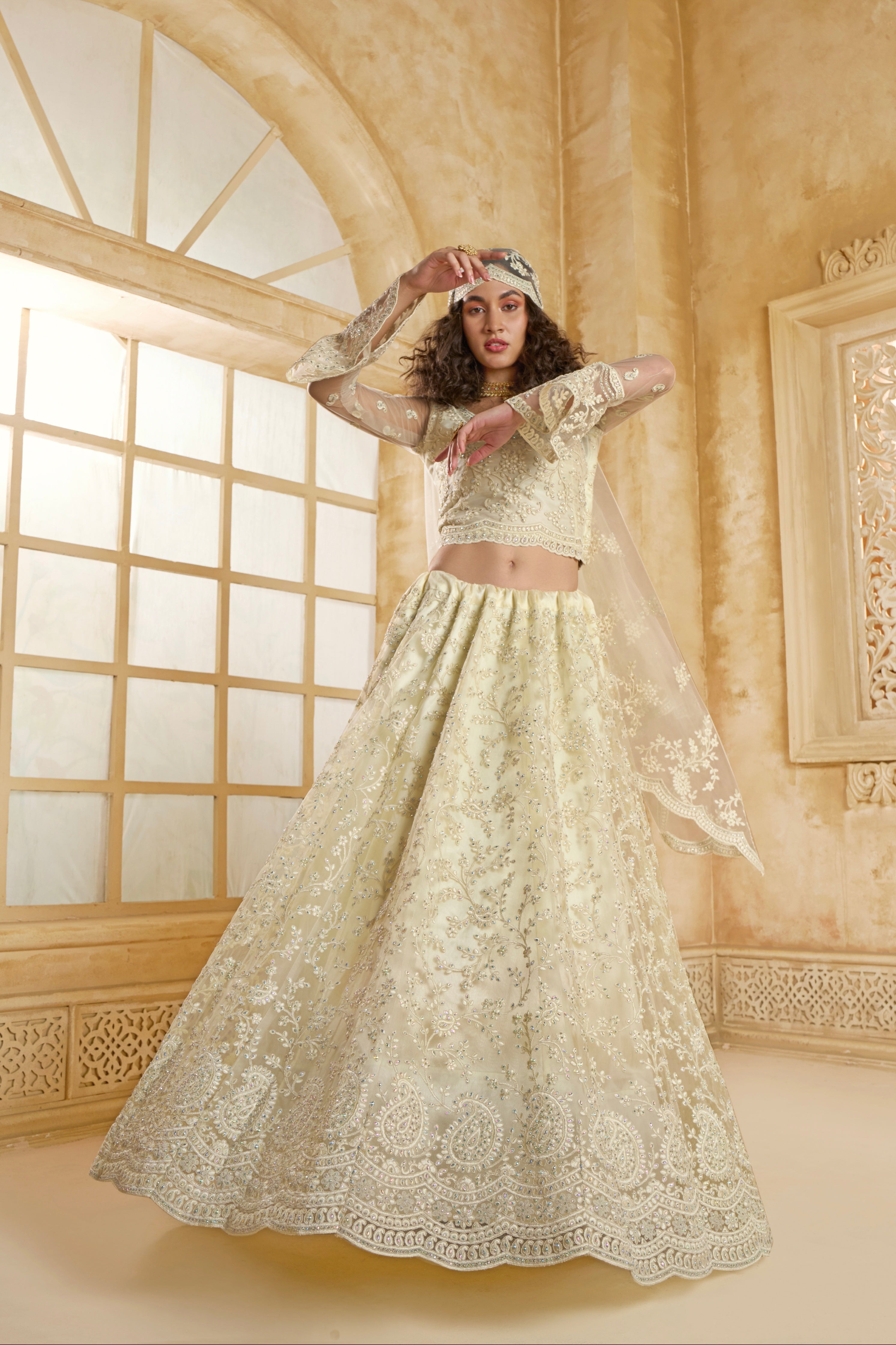 Ivory Net Bridal Lehenga Choli with All-Over Stone &amp; Thread Embroidery