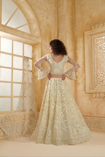 Ivory Net Bridal Lehenga Choli with All-Over Stone &amp; Thread Embroidery