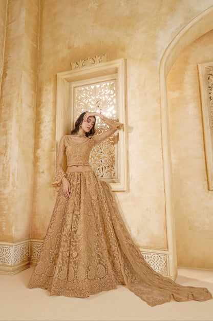 Golden Embellished Lehenga Choli with Intricate Threadwork &amp; Stones