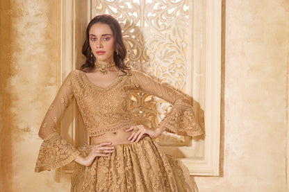 Golden Embellished Lehenga Choli with Intricate Threadwork &amp; Stones