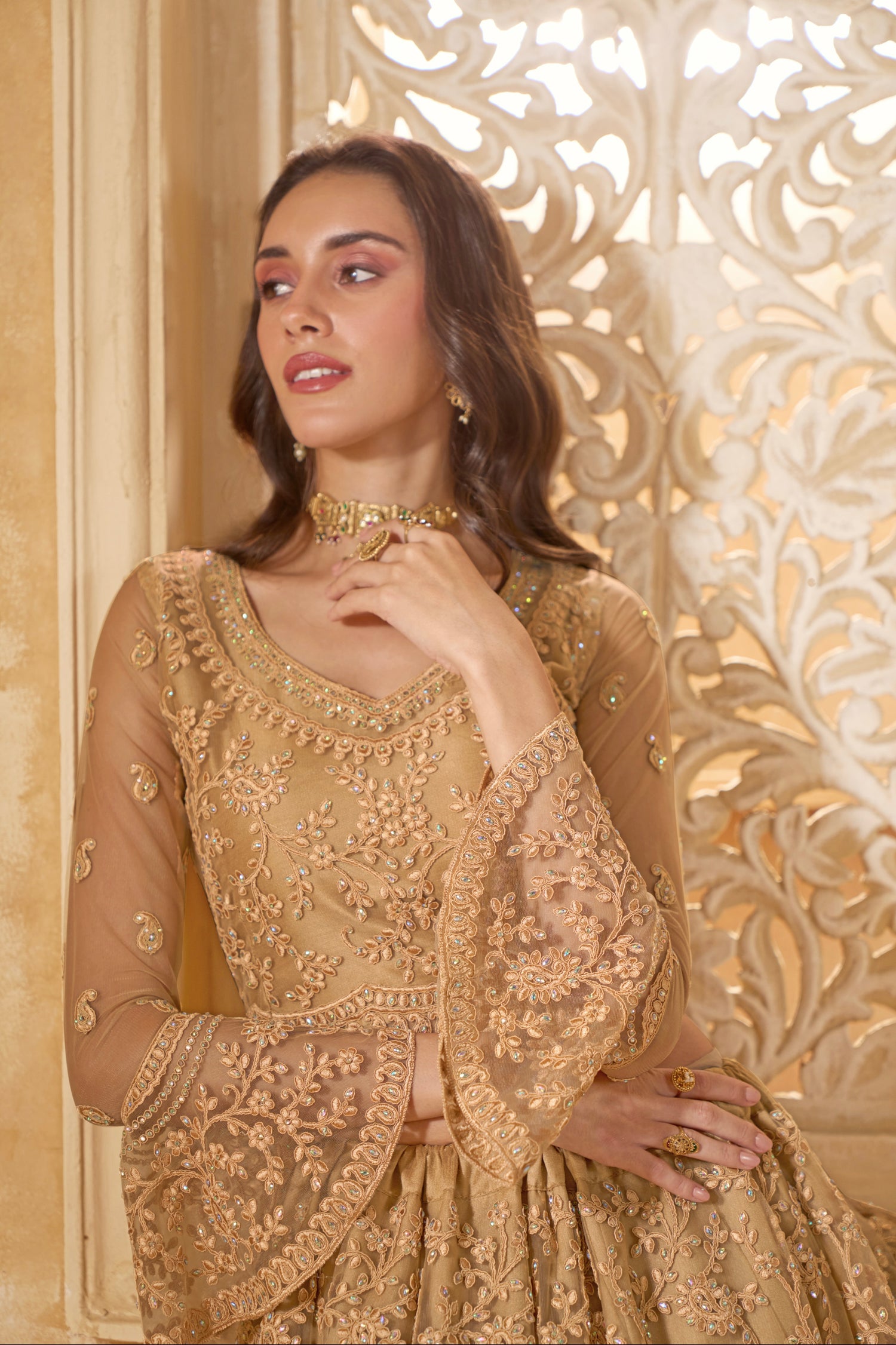Golden Embellished Lehenga Choli with Intricate Threadwork &amp; Stones