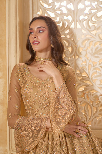 Golden Embellished Lehenga Choli with Intricate Threadwork &amp; Stones
