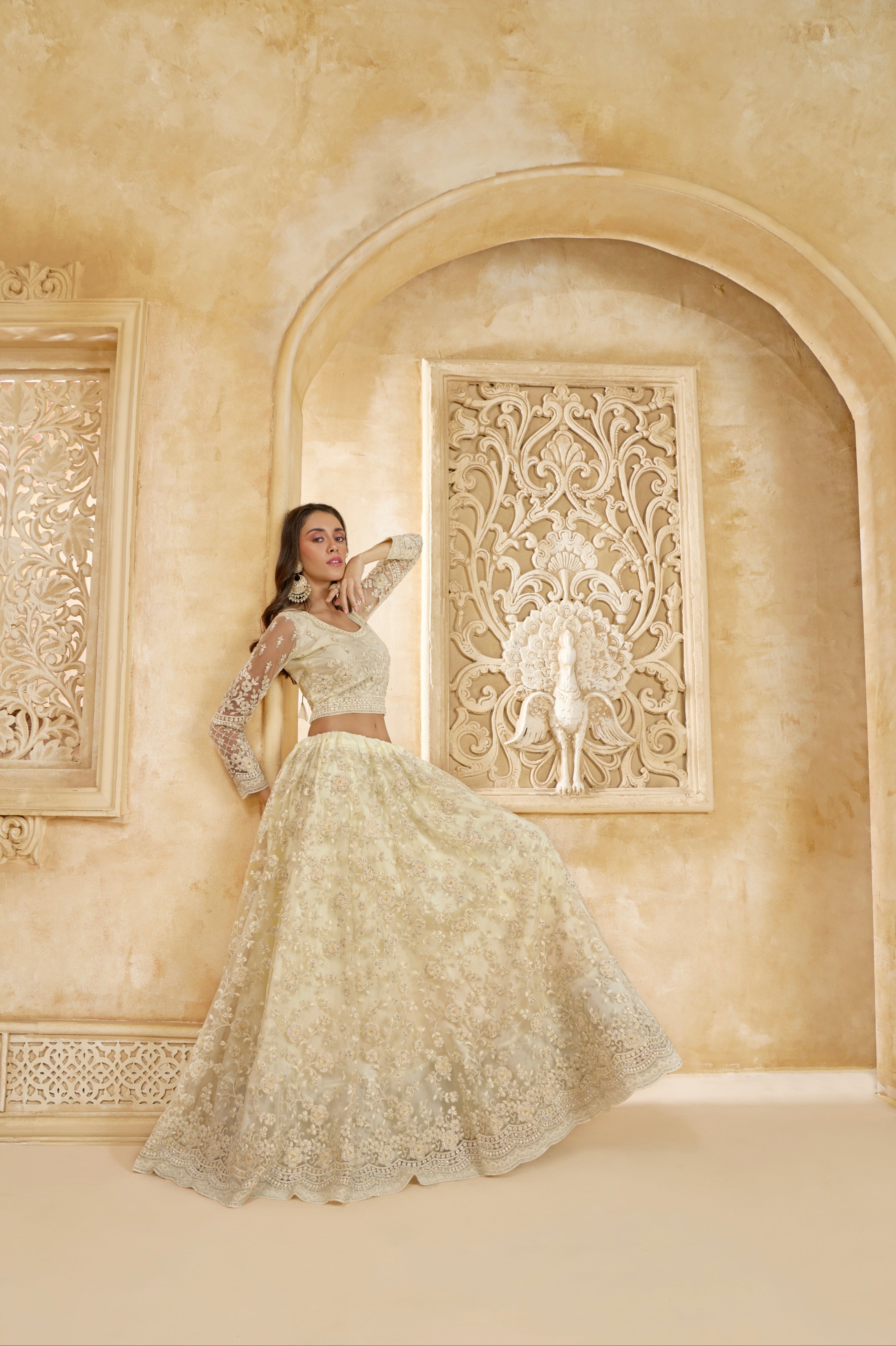 Ivory Elegant Net Lehenga Choli with Stone &amp; Embroidery Detailing