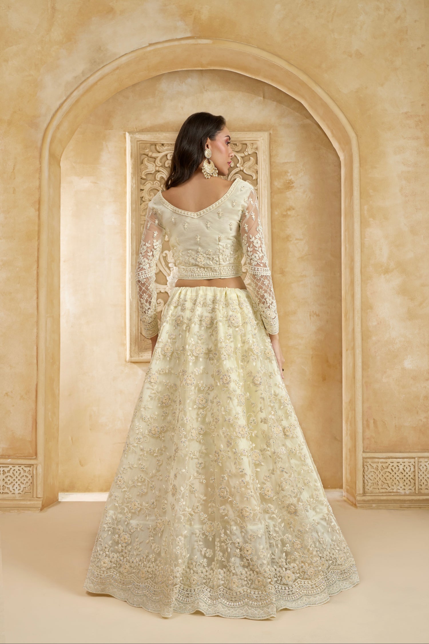 Ivory Elegant Net Lehenga Choli with Stone &amp; Embroidery Detailing