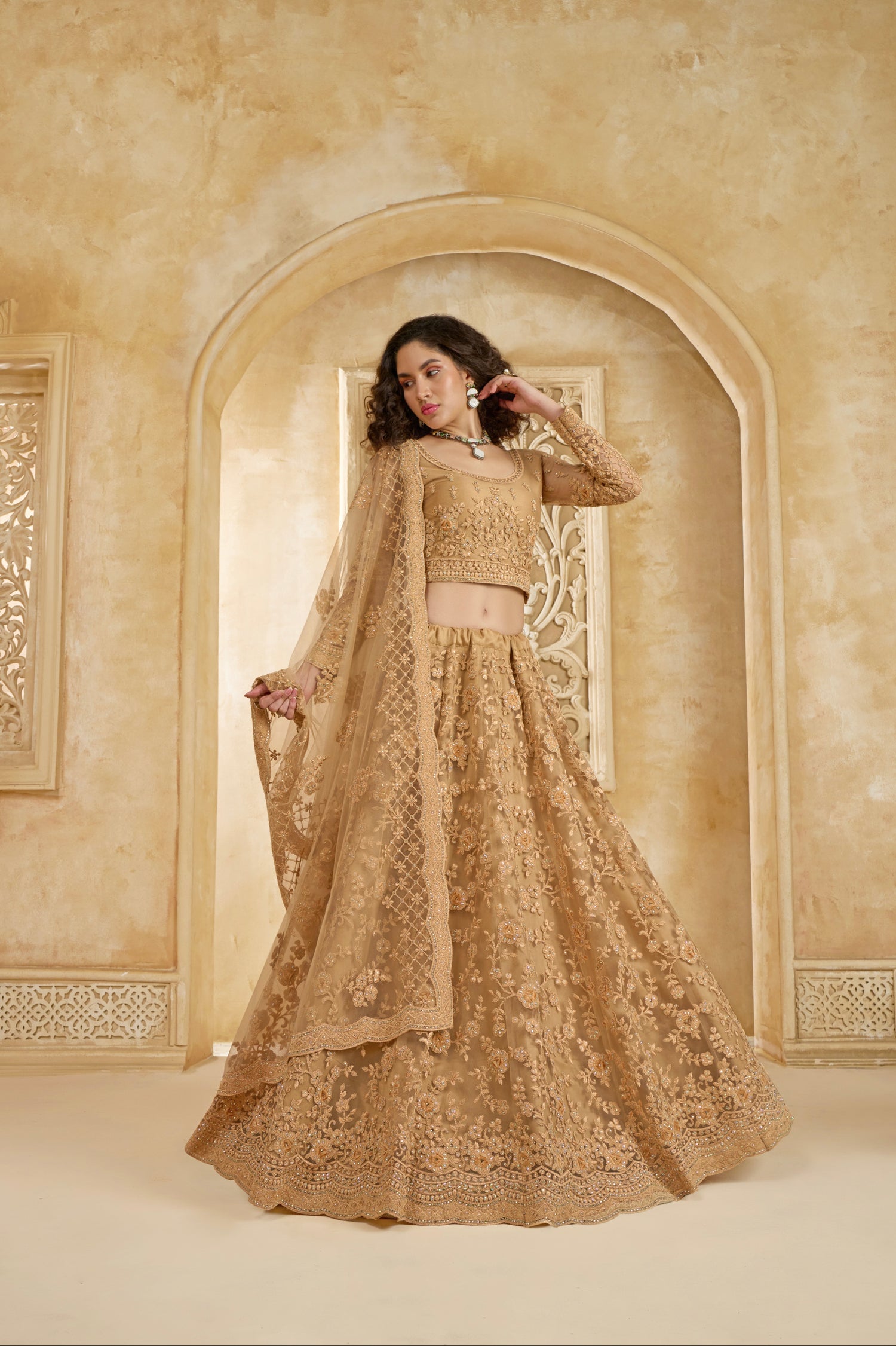 Golden Bridal Lehenga Choli with Stone-Studded Embroidery Golden Bridal Lehenga Choli with Stone-Studded Embroidery