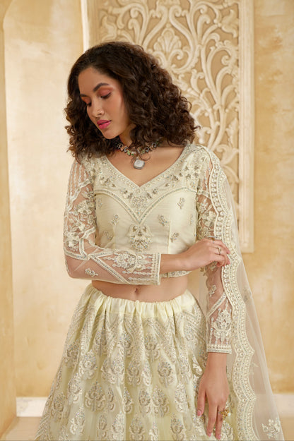 Ivory Net Lehenga Choli with Heavy Embroidery &amp; Stonework