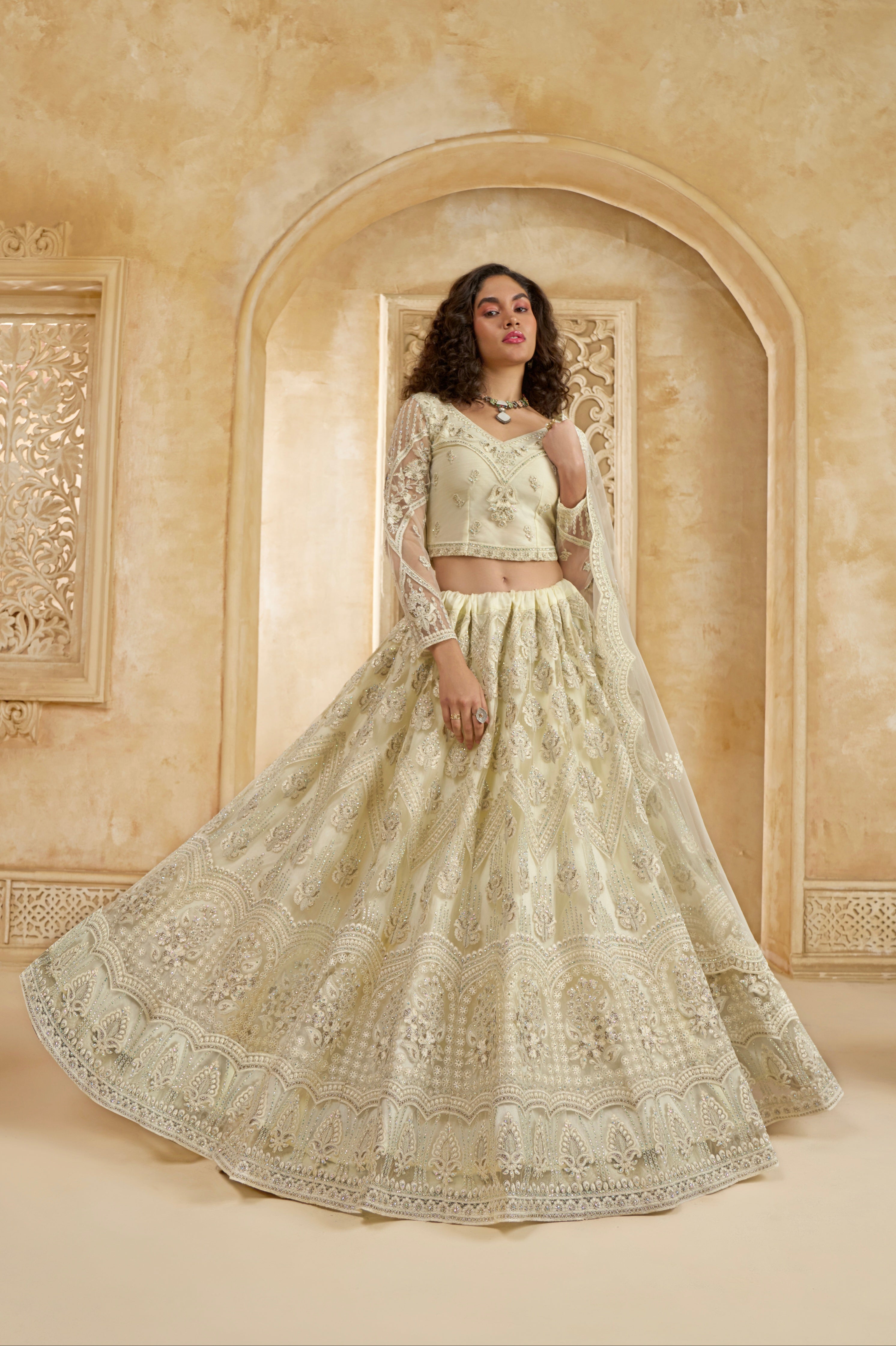 Ivory Net Lehenga Choli with Heavy Embroidery &amp; Stonework