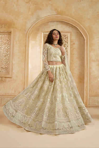 Ivory Net Lehenga Choli with Heavy Embroidery &amp; Stonework