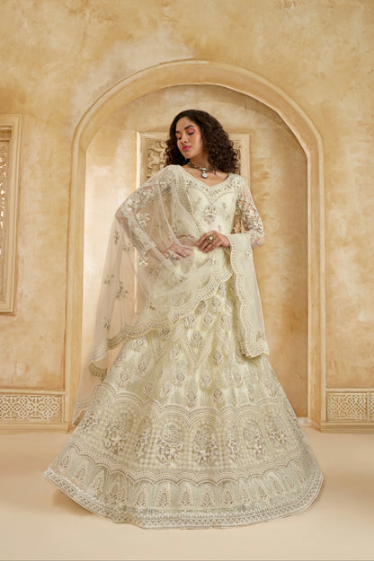 Ivory Net Lehenga Choli with Heavy Embroidery &amp; Stonework